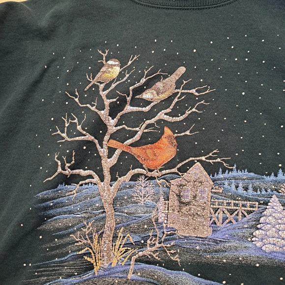Vintage Morning Sun Green Red Birds Snow Christmas Pullover Sweatshirt Size XL - Picture 4 of 9